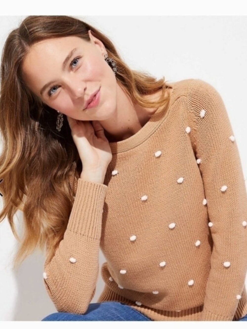 LOFT Tan Sweater White Swiss Dot Textured Knit XS